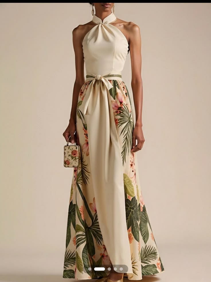 Fehaute Dress Halter Neck Cream Maxi Dress With Tropical Floral Skirt