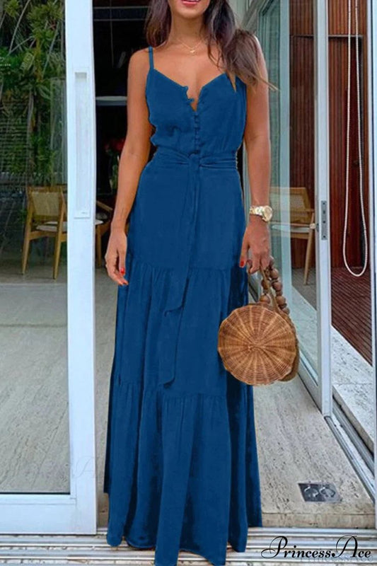 Spaghetti Strap Button Bandage Maxi Dress 2Xl Blue