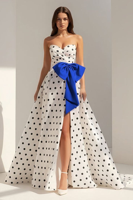 Fuchsia Sweetheart A Line Polka Dots Satin Long Prom Dress With Bow
