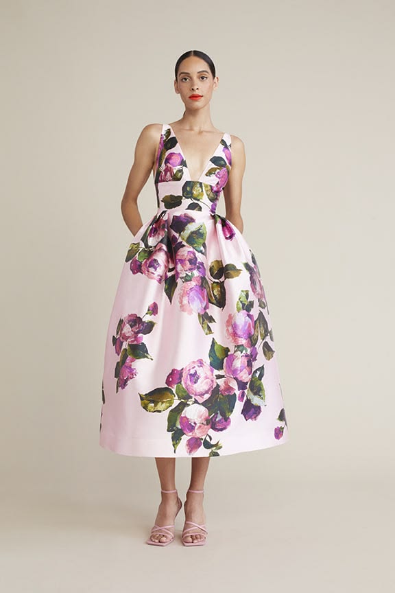 Audrey+Brooks 6227 Sleeveless Midi Dress With Deep V Neckline Pink