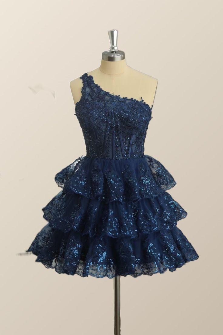 One Shoulder Navy Blue Ruffles A Line Dress