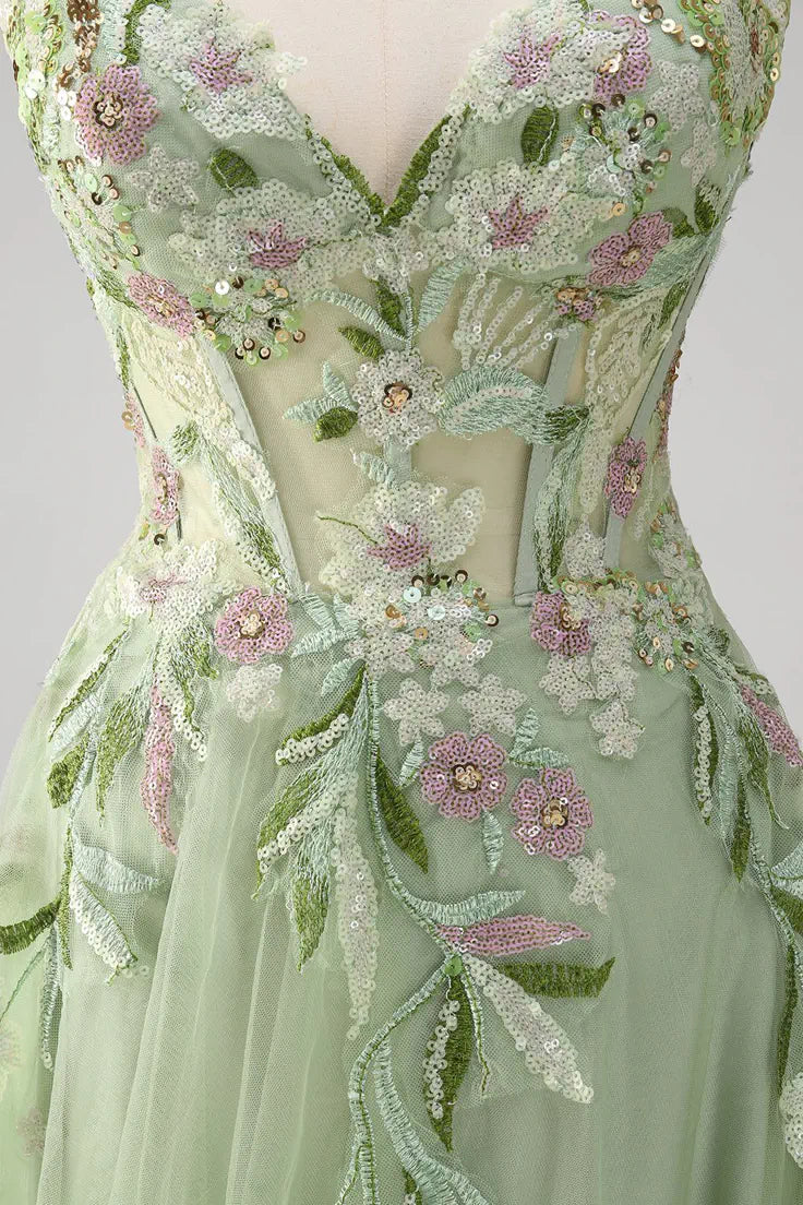 Women Green Floral A Line Applique Prom Dress Spaghetti Straps Lace UP
