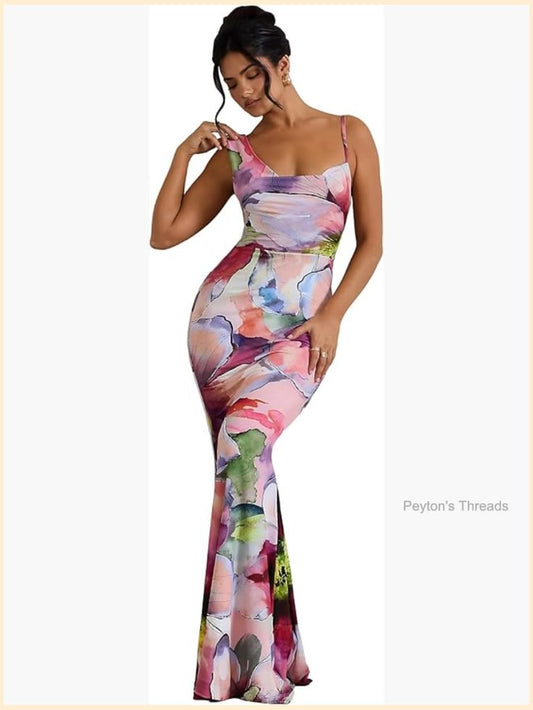 Bodycon Strap Shoulder Asymmetric Cowl Neck Backless Maxi Dress Color: