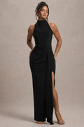 Khari Black High Neck Twisted Maxi Dress With Drape