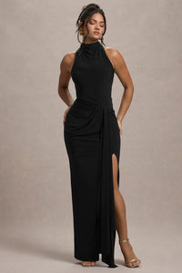 Khari Black High Neck Twisted Maxi Dress With Drape