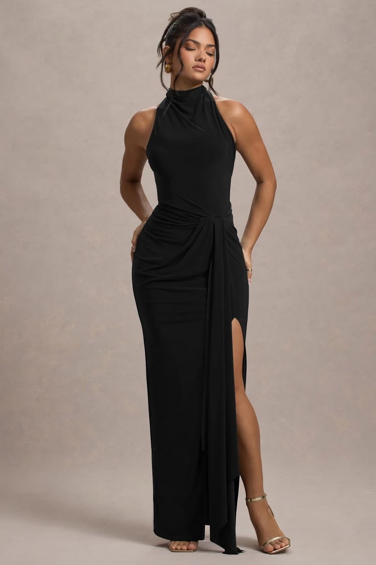 Khari Black High Neck Twisted Maxi Dress With Drape