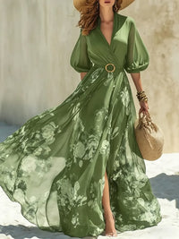 Women's Elegant Vacation Style V Neck Large Skirt Floral Print Dress