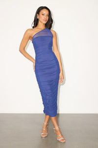 Kiden Blue Mesh Ruched One Shoulder Midi Dress