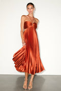Aerin Rust Satin Pleated Cutout Midi Dress