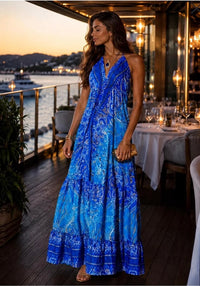 Luma Clara Silk Dress Gold Foil Detail Bohemian Midi, Luxury Summer