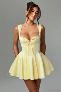 Elegant Waist Slim A Line Sexy Mini Dress Yellow XS