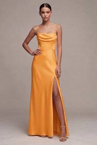 Light Yellow Satin Sheath Long Wedding Guest Dress With Slit Light