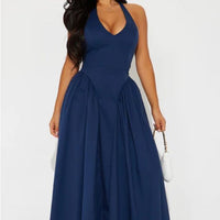 Elegant Navy Blue Halter Maxi Dress Color: Blue Size: Xl