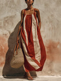 Sleeveless Striped Linen Maxi Dress Casual & Relaxed Resort Style Red