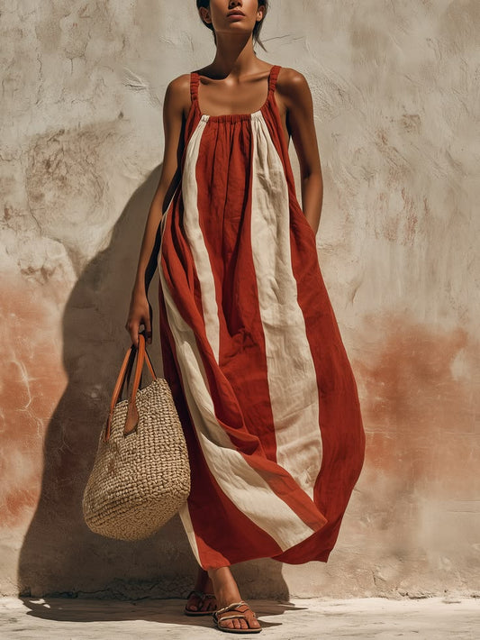 Sleeveless Striped Linen Maxi Dress Casual & Relaxed Resort Style Red