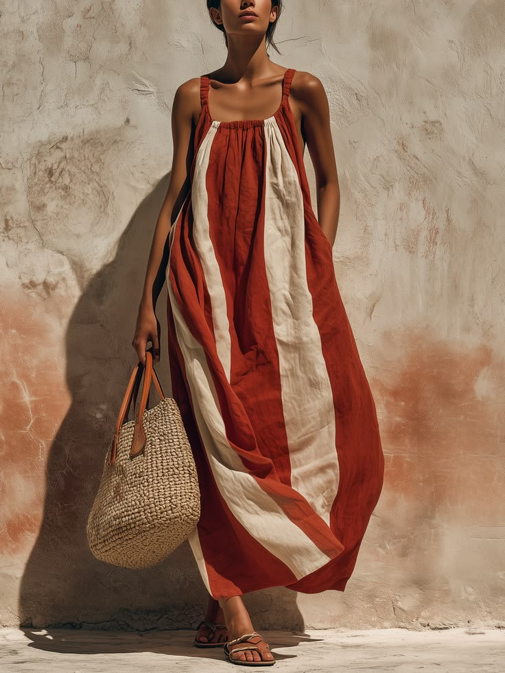 Sleeveless Striped Linen Maxi Dress Casual & Relaxed Resort Style Red