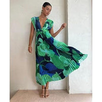Like New Stunning Green & Blue Abstract Pleated Maxi Dress Bold &