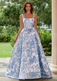 Floral Brocade Pearls Square Neckline Corset Ball Gown Prom Dresss