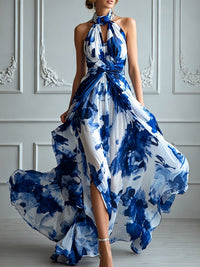 Elegant Blue And White Ink Style Flowy Chiffon Dress Blue M(8 10)