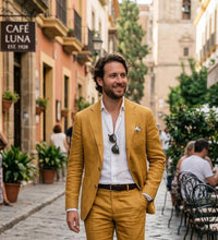 Men's Mustard Yellow Linen Suit, Custom Tailored 2 Piece, Summer Wedding Outfit