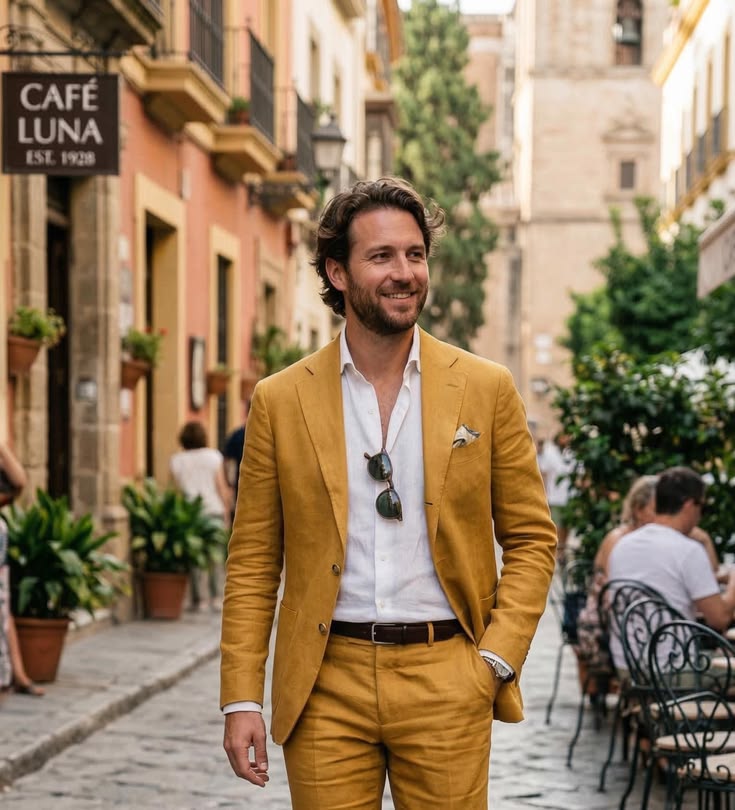 Men's Mustard Yellow Linen Suit, Custom Tailored 2 Piece, Summer Wedding Outfit