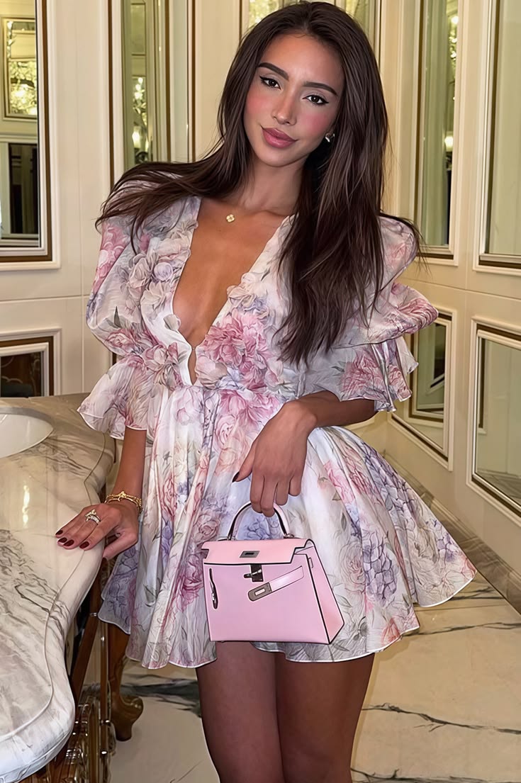 Elegant Floral Chiffon V Neck Mini Dress Pink S