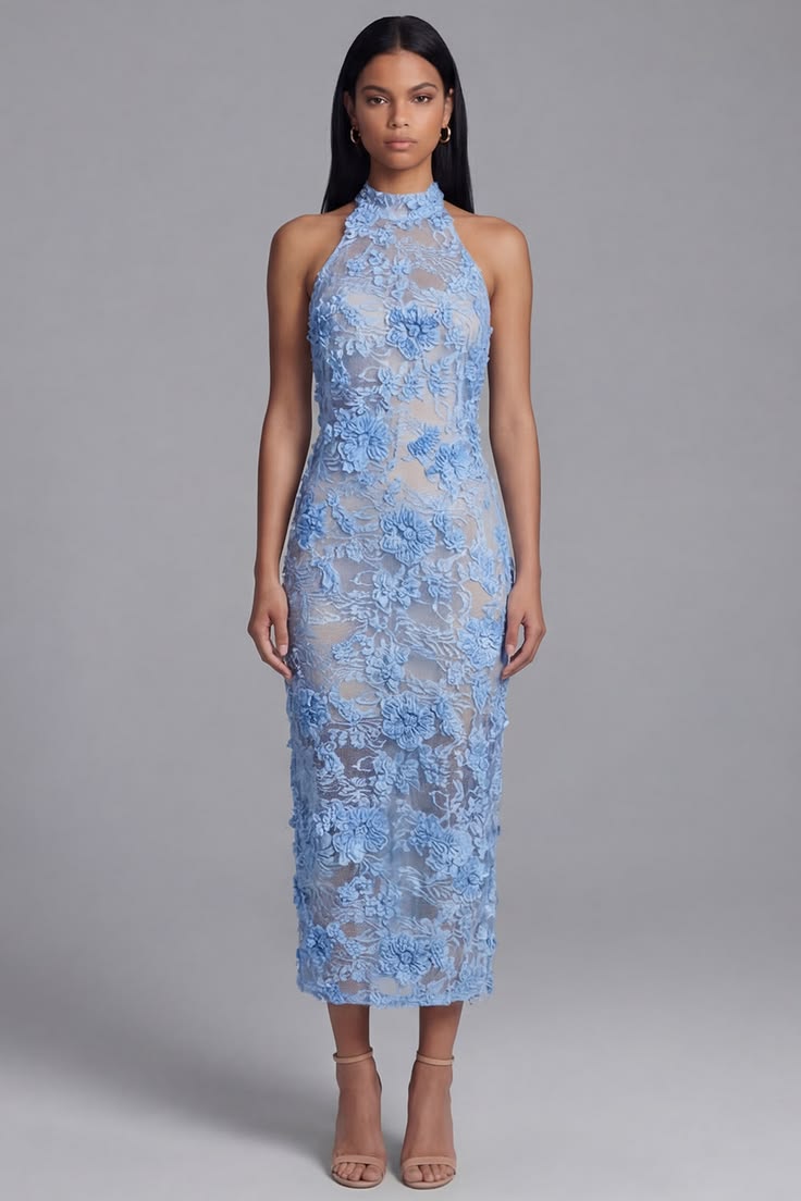 Blaues Spitzenneckholder-Bodycon-Blumen-Langzeitskleid mit Schlitz