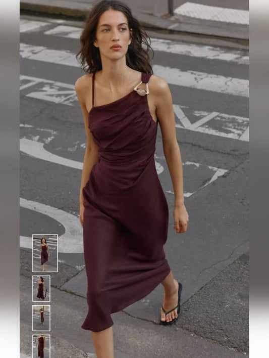 Dress One Shoulder Midi Dress In Plum Color: Purple Size: M