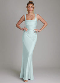 Bridesmaid Dress Stretch Satin Green Mermaid Square Neck Floor Length