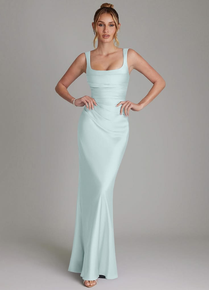 Bridesmaid Dress Stretch Satin Green Mermaid Square Neck Floor Length
