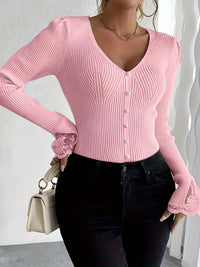 Isabella – Ribbed V-Neck Knit with Lace Sleeves
