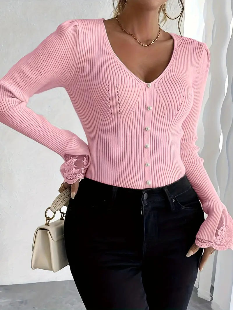 Isabella – Ribbed V-Neck Knit with Lace Sleeves
