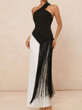 Black And White Elegant Women's Asymmetric Neck & Contrast Fringe