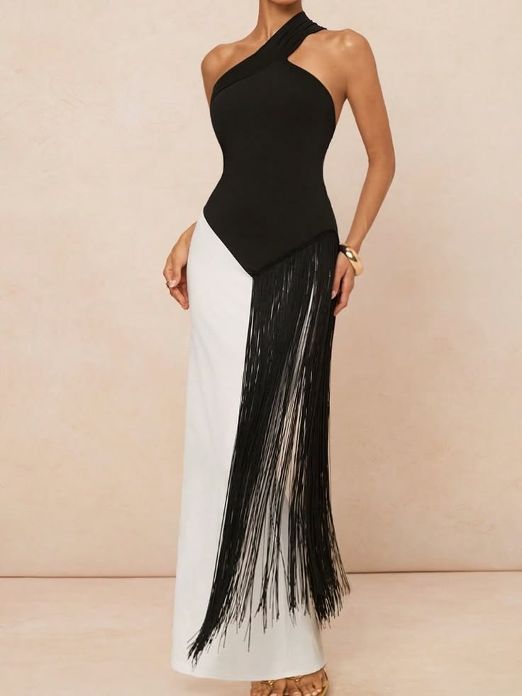 Black And White Elegant Women's Asymmetric Neck & Contrast Fringe