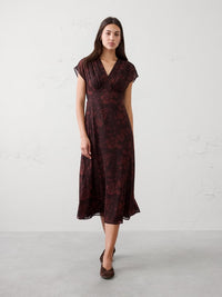 Women's Gathered Empire Midi Dress Brown Print Regular Size XS