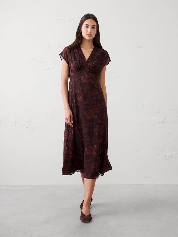 Women's Gathered Empire Midi Dress Brown Print Regular Size XS