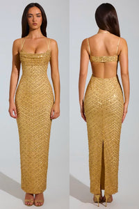 Embellished Cowl Neck Maxi Dress In Gold