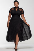 Xpluswear Design Plus Size Party Black V Neck Short Sleeve See Through