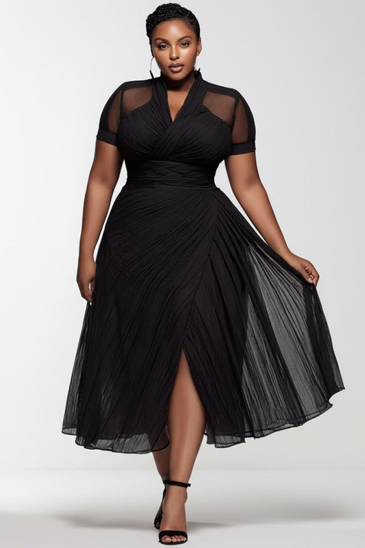 Xpluswear Design Plus Size Party Black V Neck Short Sleeve See Through