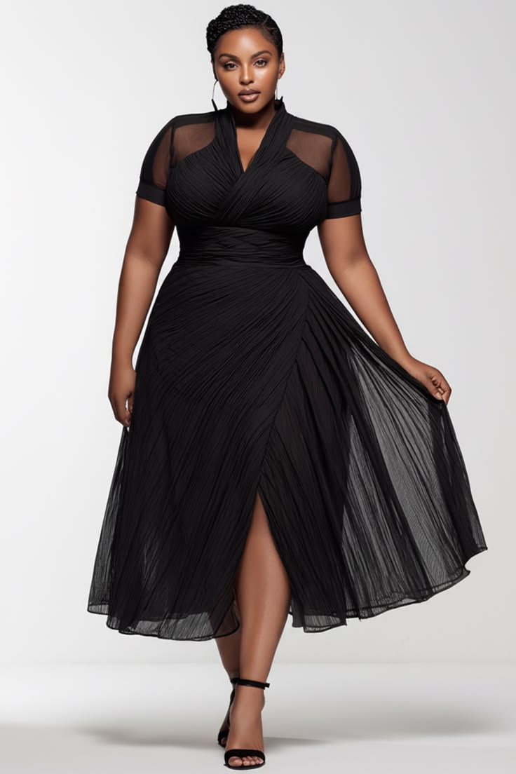 Xpluswear Design Plus Size Party Black V Neck Short Sleeve See Through
