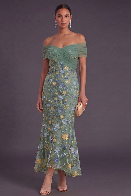 Green Floral Embroidered Mermaid Long Wedding Guest Dress