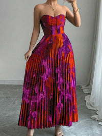 Purple Casual Women's Bandeau Waist-Cinched Pleated Full Print Dress