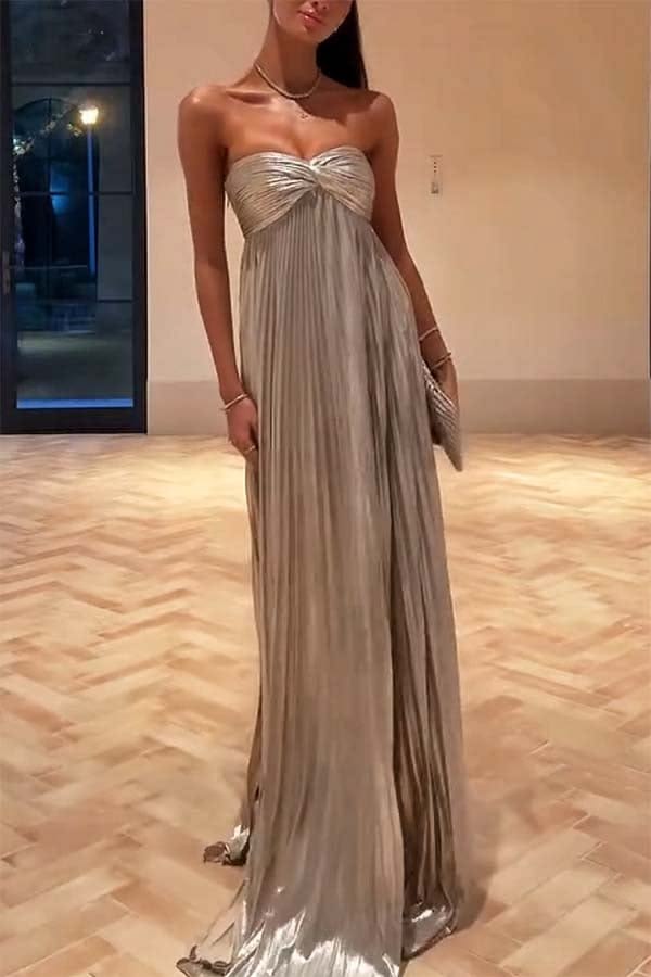Night Elf Metallic Fabric Pleated Off Shoulder Twist Bust Slit Maxi