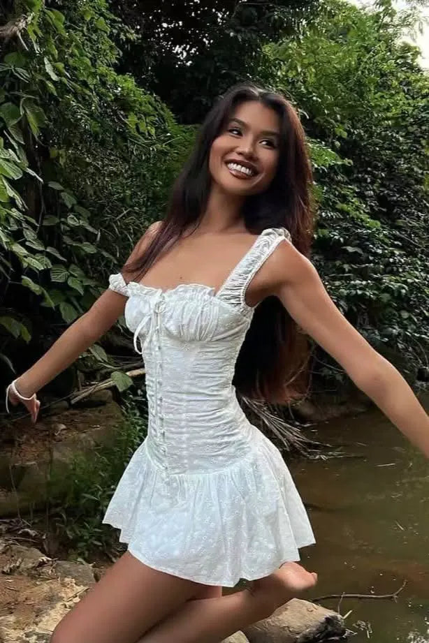 Embroidered Cotton Cami Boho Dress White L