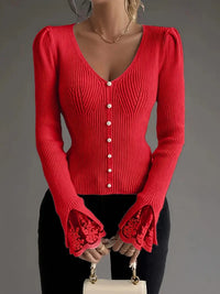 Isabella – Ribbed V-Neck Knit with Lace Sleeves