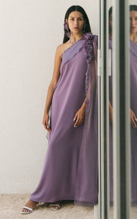 Waed Asmar Nooraya Floral Detailed Crepe Caftan Dress Purple Large UK