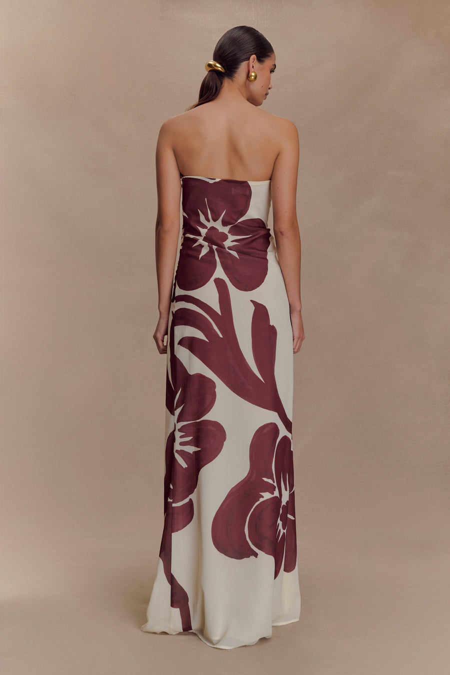 Amaya Strapless Chiffon Maxi Dress - Brown Deco Fleur Print