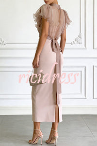 Sheer High-Neck Ruffle Sleeve Back Tie-up Top and Slip Ruched Midi Dress Two Pieces Set
