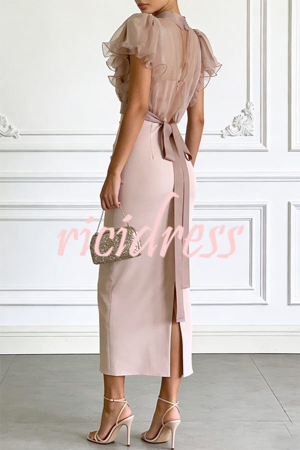 Sheer High-Neck Ruffle Sleeve Back Tie-up Top and Slip Ruched Midi Dress Two Pieces Set