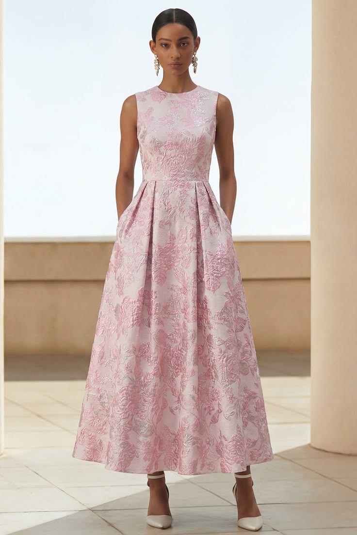 Ivory Pink Floral A Line Maxi Wedding Guest Dress With Pockets Ivory